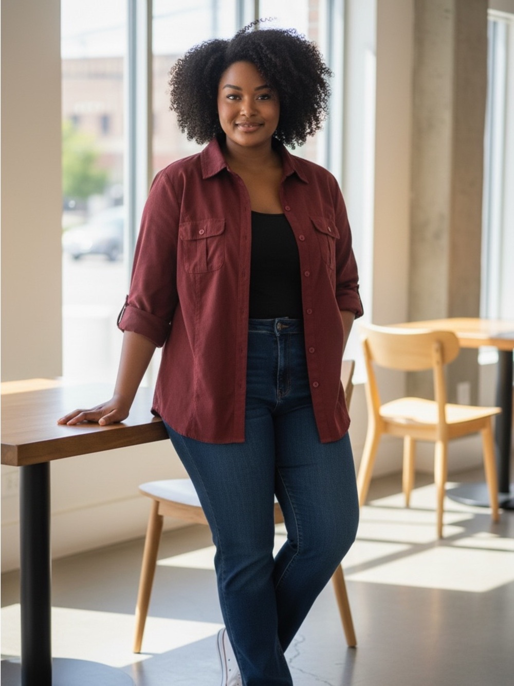 Dressbarn Burgundy button-up shirt and roll-up sleeves